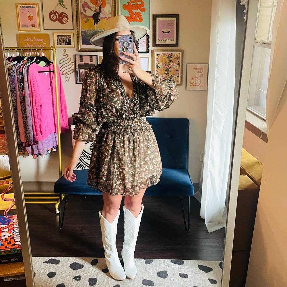 Zara Beaded Floral Smocked Peasant Mini Dress